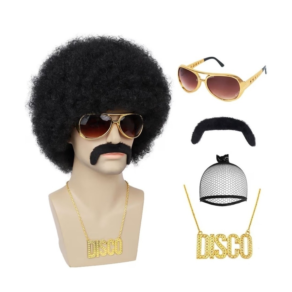 70s Disco Afro Wig Costume Set Mens Black Wig Glasses Mustache Necklace Hat